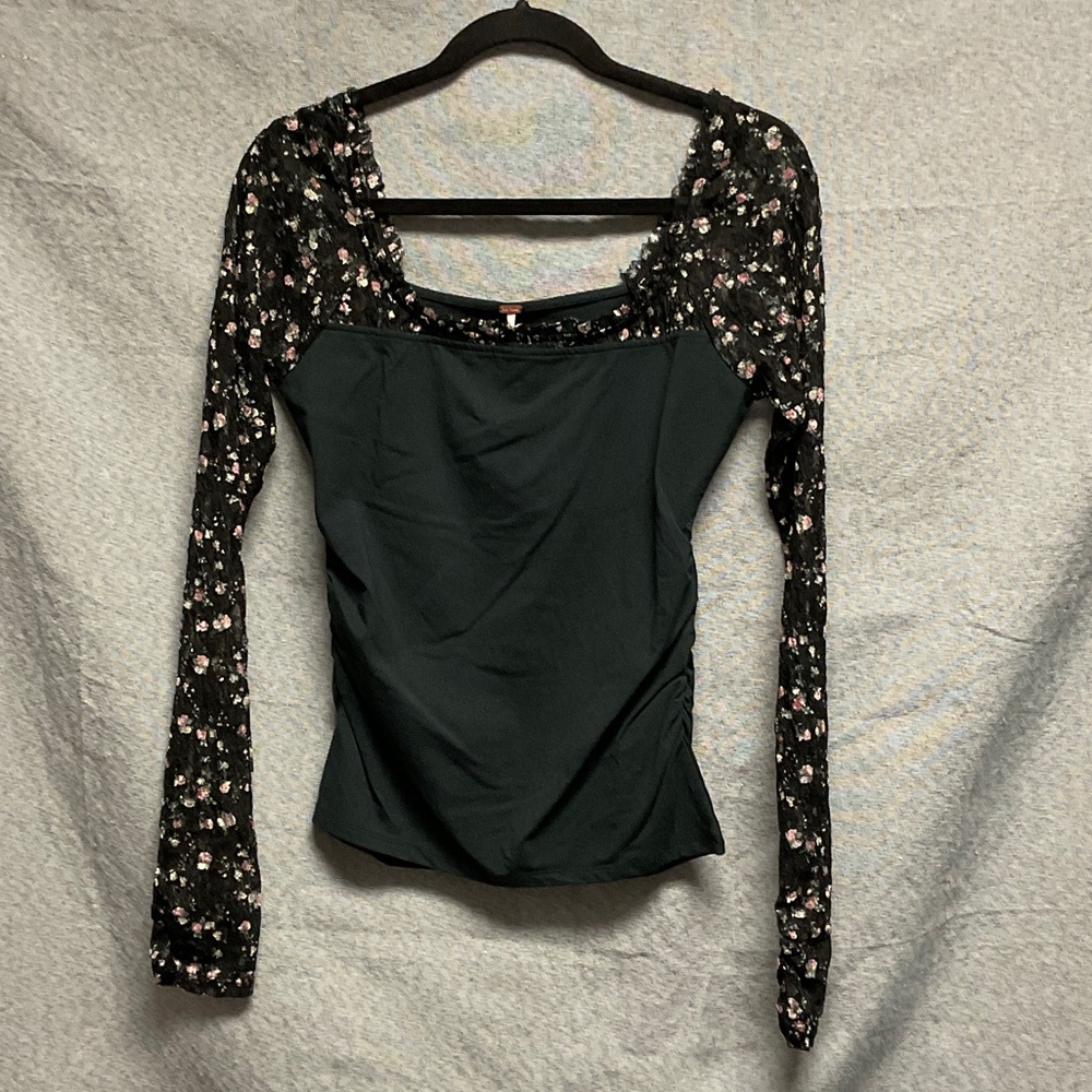 Free People Black Floral Lace Sleeve Blouse